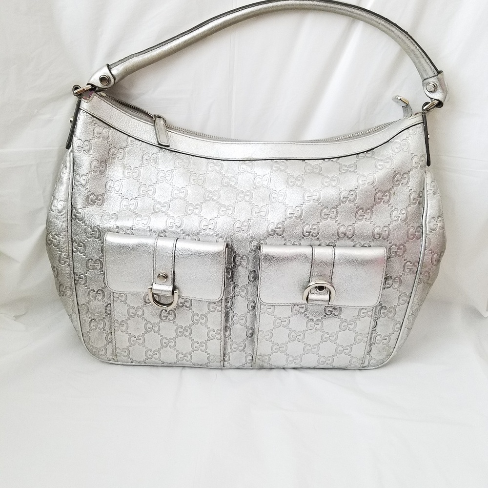 Authentic Gucci Leather Silver Shoulder Bag